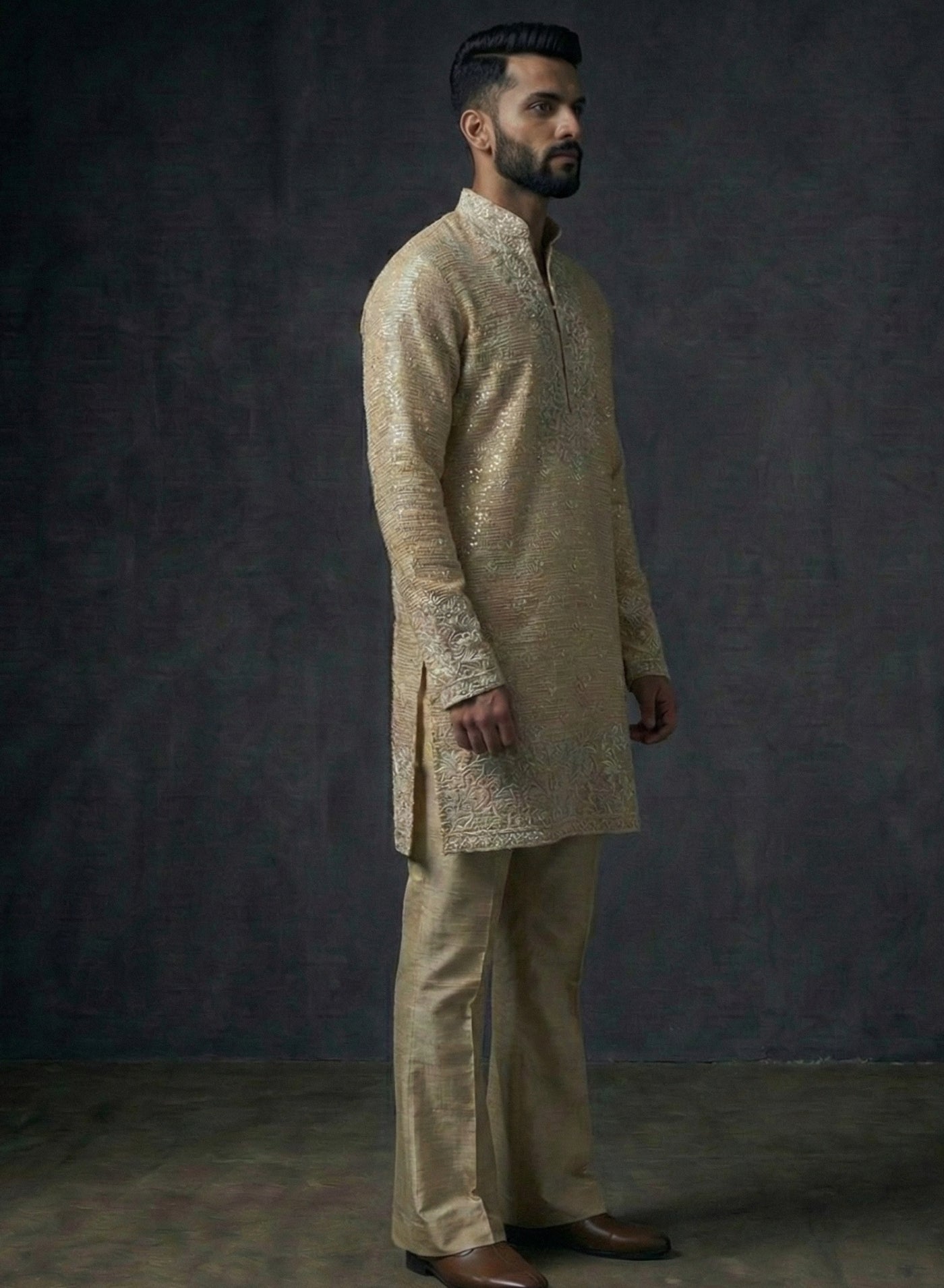 Men's ivory & gold hand-embroidered silk kurta set — Kurta Sets — view 2 | Lehar Clothing UAE